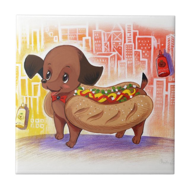 Hotdog in dem Stadt-Kitschy niedlichen Fliese (Vorderseite)