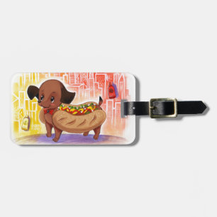 Hotdog in dem Stadt-Kitschy niedlichen Gepäckanhänger