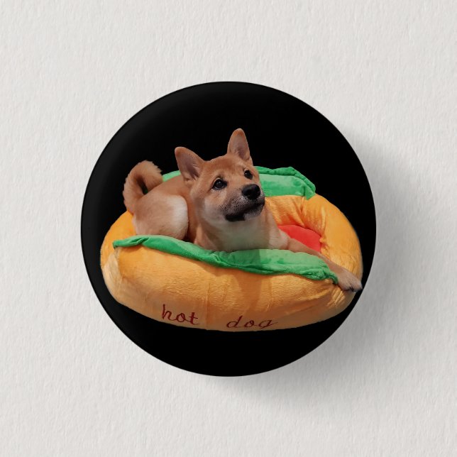 Hotdog Shiba Abzeichen-Schwarzes Button (Vorderseite)