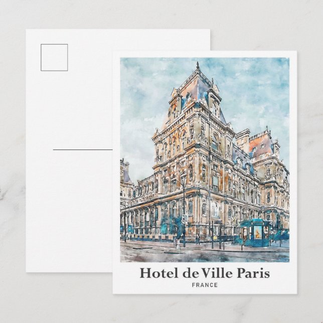 Hotel de Ville Paris Reisen Wasserfarben Handgezei Postkarte (Vorne/Hinten)