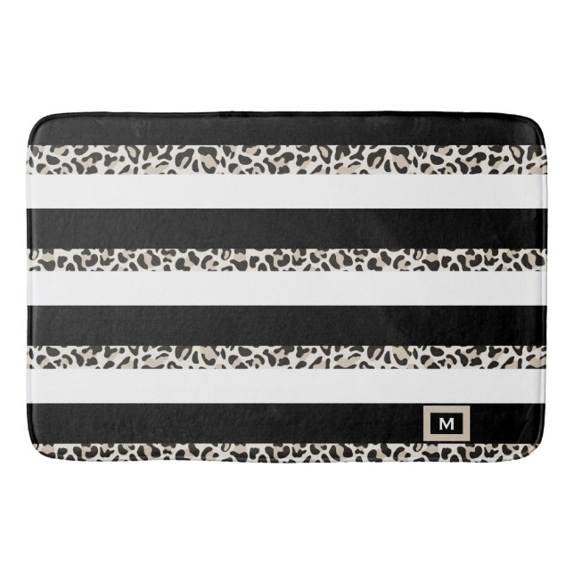 Hotel Monogram Black Rose Gold White Strip Badematte (Vorderseite)