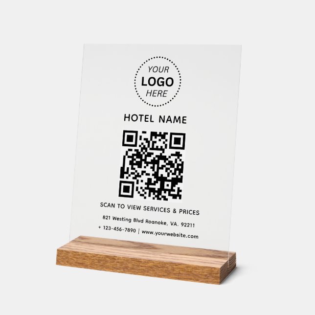 Hotelname Logo und QR Code Services Preise Details Acrylschild (Winkel)