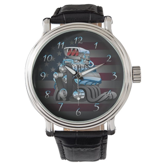 Hotrod Racing Car Motor Cartoon Illustration Armbanduhr (Vorderseite)