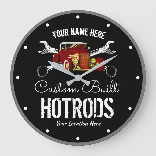 Hotrods Custom Built Cars Tools Retro Black Cool Große Wanduhr (Vorderseite)