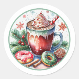 Hott Coco mit/ Donuts Weihnachtskleber Runder Aufkleber