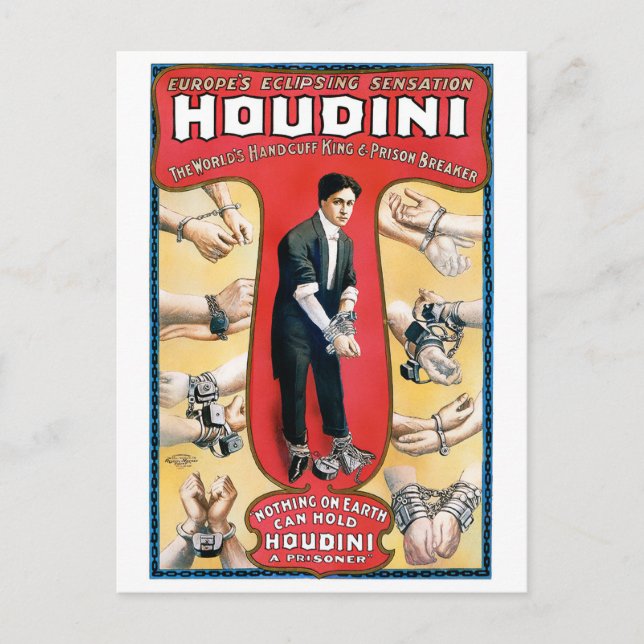 Houdini Magician 1909 Vintage Poster wiederhergest Postkarte (Vorderseite)