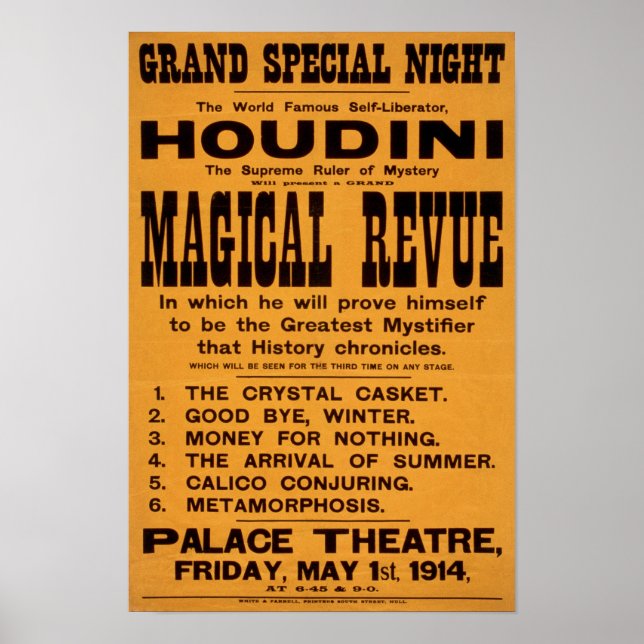 Houdinis Zauberrevue, 1914. Vintage Werbung Poster (Vorne)