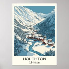 Houghton Michigan Vintager Winter Berg Kunst, Dich Poster