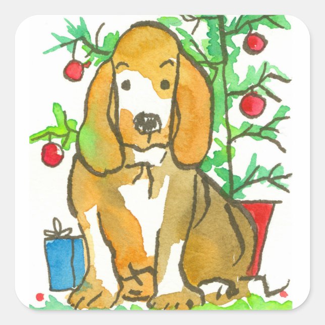 Hound Dog Frohe Weihnachten Quadratischer Aufkleber (Vorderseite)
