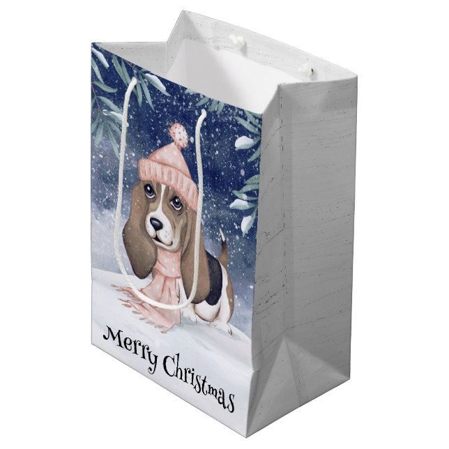 Hound Dog Weihnachten Mittlere Geschenktüte (Vorderseite Schrägansicht)