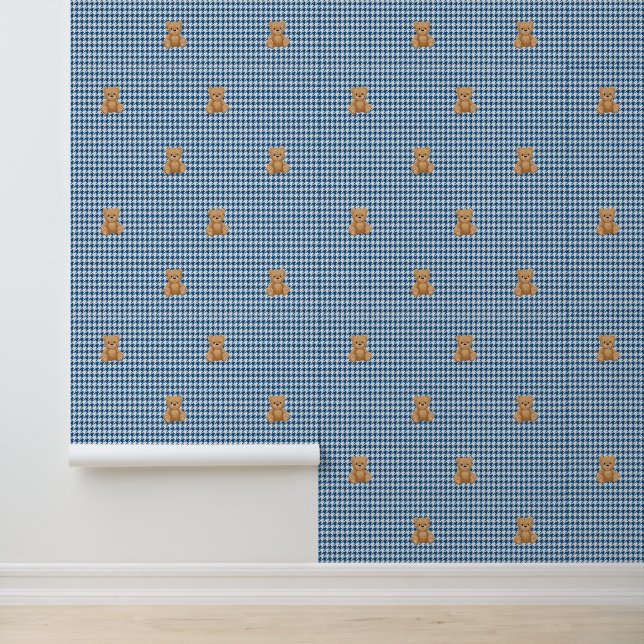 Houndstooth-Teddy Zuhause, Klassisch Blau, Tapete (Anwendung)