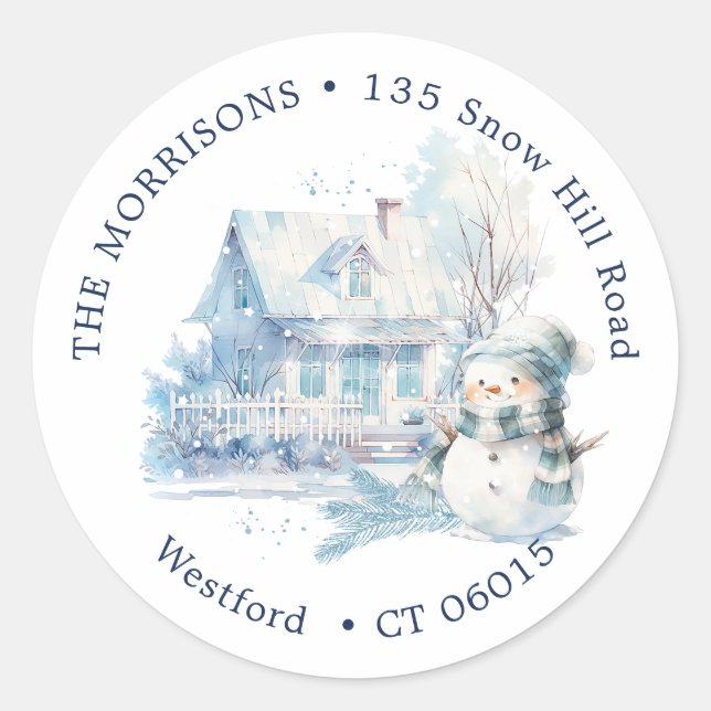 House Blue Snowman Weihnachtsrückgabe Runder Aufkleber (Vorderseite)