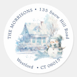 House Blue Snowman Weihnachtsrückgabe Runder Aufkleber