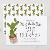 House Erwärmung Party Kaktus Pflanze Pot Hand Draw