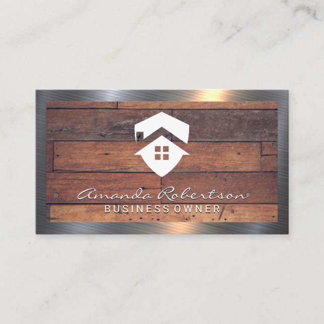 House Icon | Holzkappen | Metallgrenze Visitenkarte (Vorderseite)