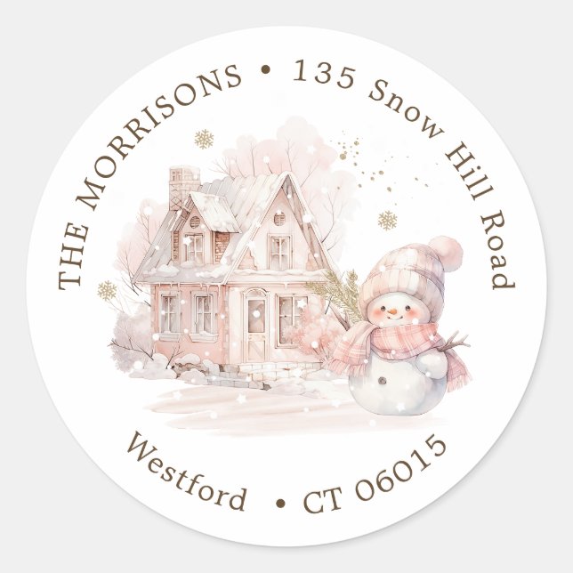 House Pink Snowman Weihnachtsanschrift Runder Aufkleber (Vorderseite)