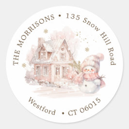 House Pink Snowman Weihnachtsanschrift Runder Aufkleber