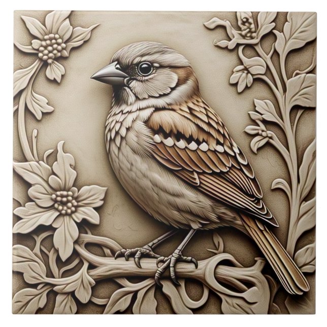 House Sparrow - Kunstgewerbe Keramik Tile Fliese (Vorderseite)