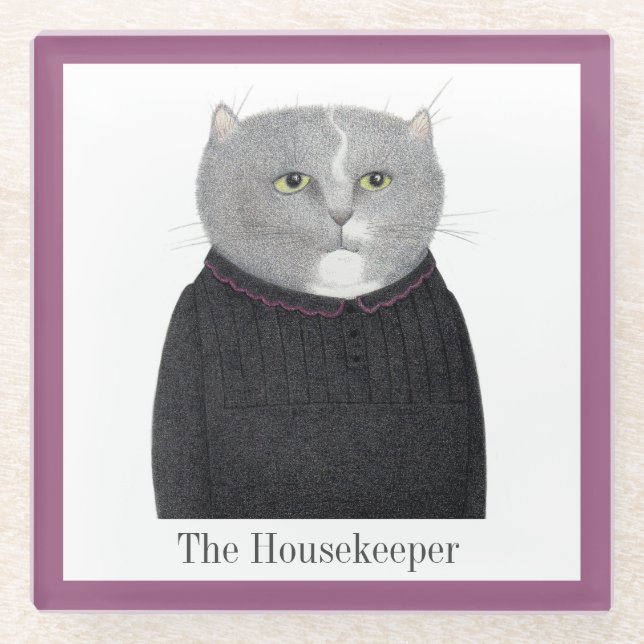 HOUSEKEEPER CAT Glass Drink Untersetzer + Text (Vorderseite)