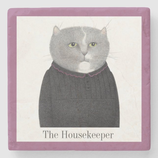 HOUSEKEEPER CAT Marmorstein Untersetzer + Text (Vorderseite)
