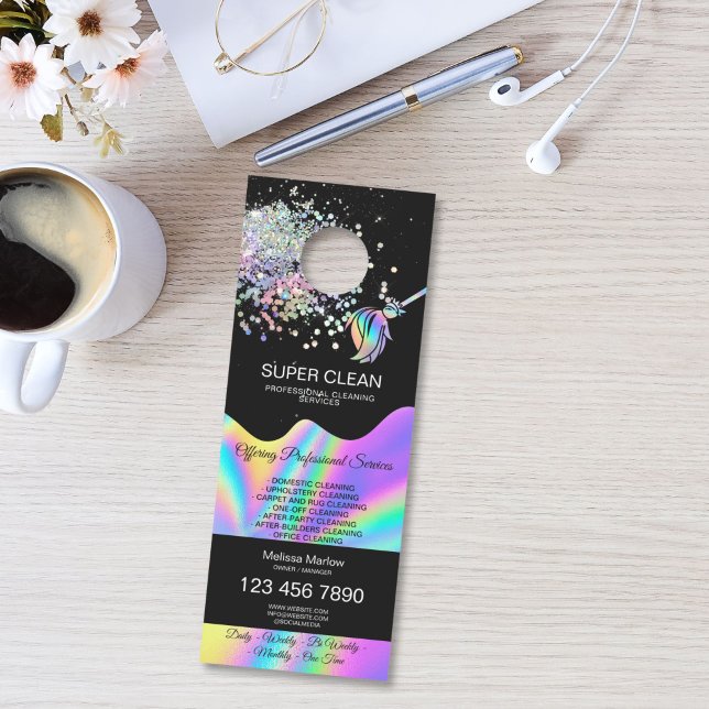 Housekeeping House Cleaning Maid Janitor Türanhänger (Maid Cleaning House Sparkling door hanger with holographic broom logo, glitter and water splash)