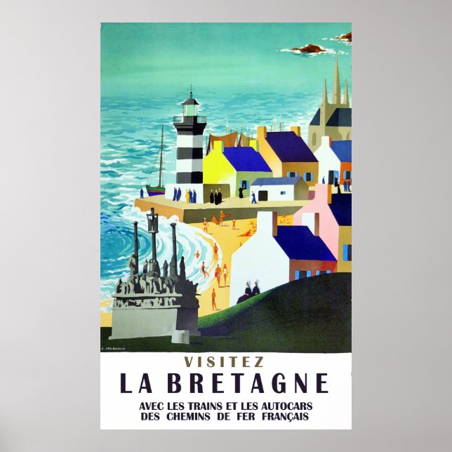 Houses and lighthouse on Brittany coast, France Poster (Vorne)