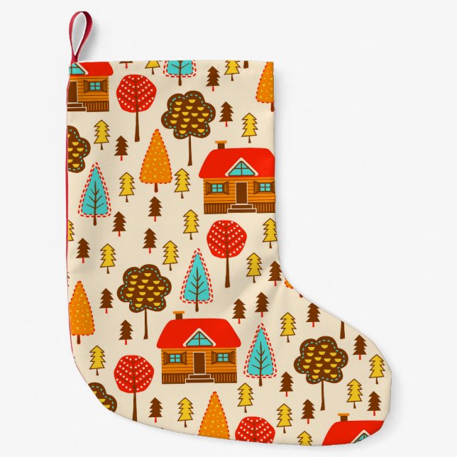 Houses Forest Vintag Nahtlos Muster Kleiner Weihnachtsstrumpf (Vorderseite)