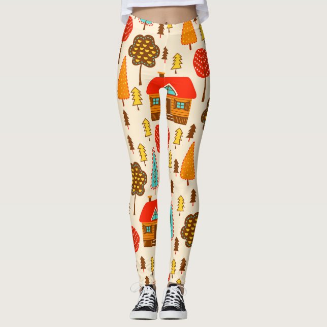 Houses Forest Vintag Nahtlos Muster Leggings (Vorderseite)