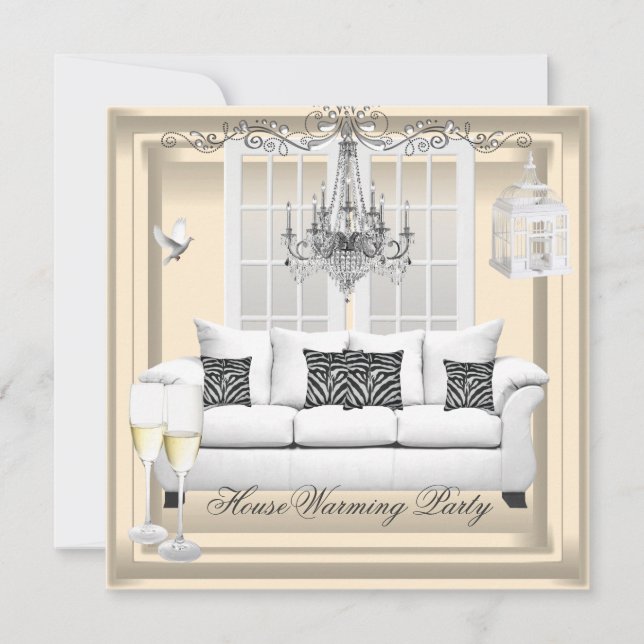 HouseWarming Cream White Champagne Kronleuchter Einladung (Vorderseite)