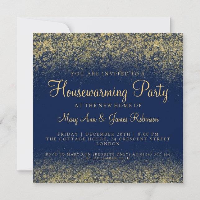 Housewarming-Party-GoldGlitzer-Staub-Marine-Blau Einladung (Vorderseite)