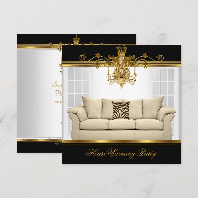 HouseWarming Party Kronier Rich Gold Black Einladung (Vorne/Hinten)