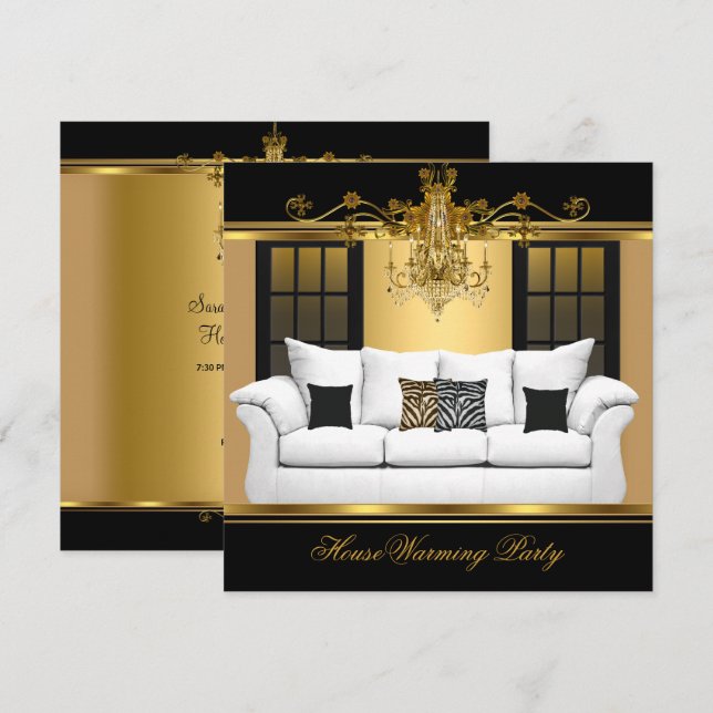 HouseWarming Party Kronier Rich Gold Black Einladung (Vorne/Hinten)