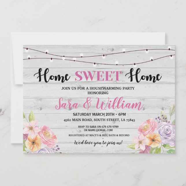 Housewarming-Vintages Zuhause-süße graue rosa Einladung (Vorderseite)