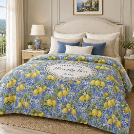 Housse De Couette Carreau de style provençal bleu citron avec monogr