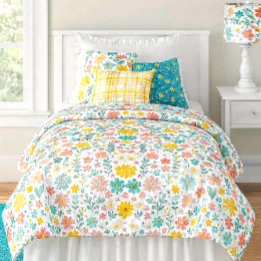 Housse De Couette Cheerful Yellow Orange and Blue Floral for Girls 
