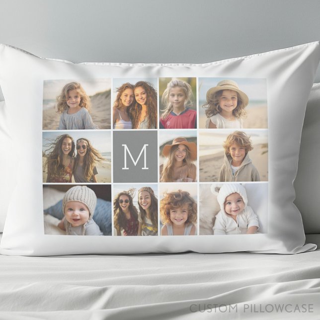 Housse D'oreillers 11 Collage photo avec un monogramme gris (Create Your Own Photo Collage Pillowcase)