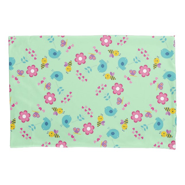 Housse D'oreillers Abeilles, oiseaux et fleurs vert motif (devant-gauche)