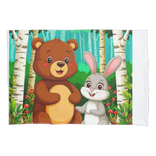 Housse D'oreillers 🐻🐰 Amitié mignonne de l'ours et du lapin en forê
