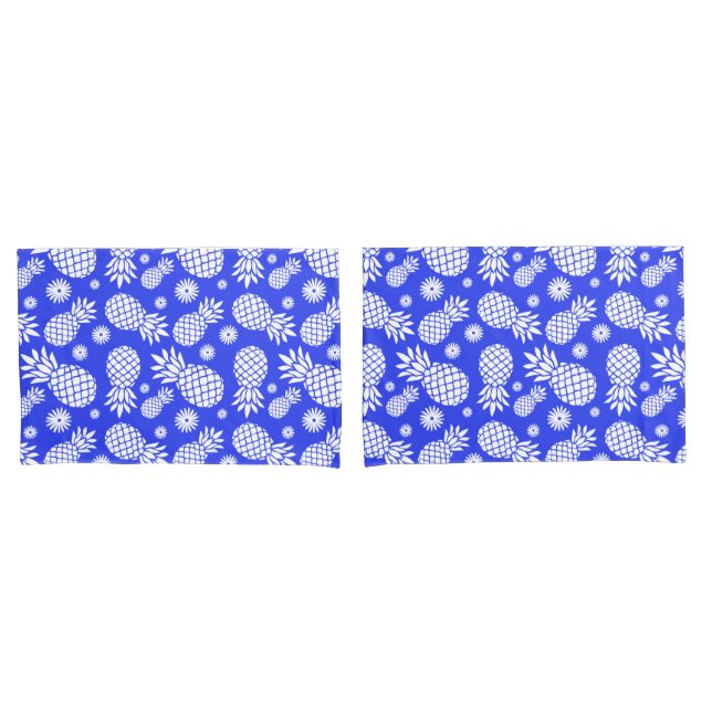 Housse D'oreillers Ananas tropicaux & fleurs blanc bleu (devant-Set)