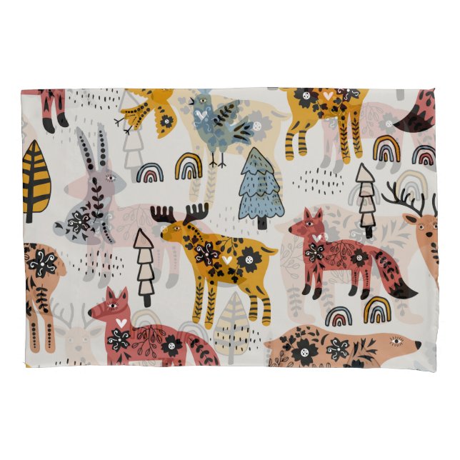 Housse D'oreillers Animaux scandinaves, floral, motif mignon. (devant)