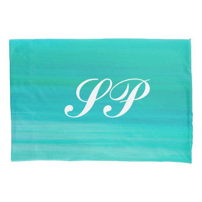 Housse D'oreillers Aquamarine turquoise eau de mer monogramme (devant)