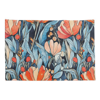 Housse D'oreillers Aquarelle Art Nouveau Floral Rouge Bleu