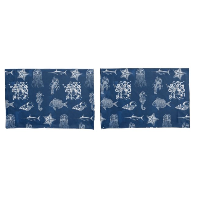 Housse D'oreillers Aquarelle bleu marine Océan Animaux marins (devant-Set)