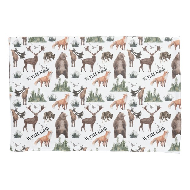 Housse D'oreillers Aquarelle Bois Forêt Animaux Nom (devant)