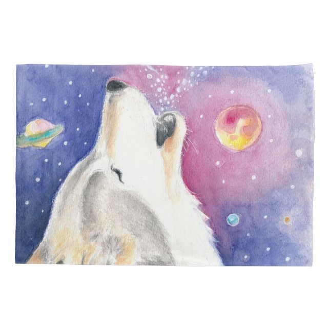 Housse D'oreillers Aquarelle de loup cosmique (Dos)