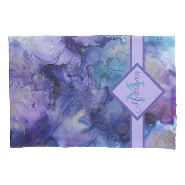 Housse D'oreillers Aquarelle marbrée violette et bleue Monogramme (devant)