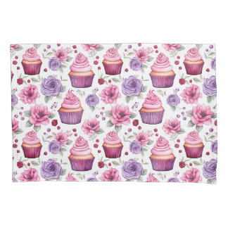 Housse D'oreillers Aquarelle Pink and Purple Cupcakes and Flowers