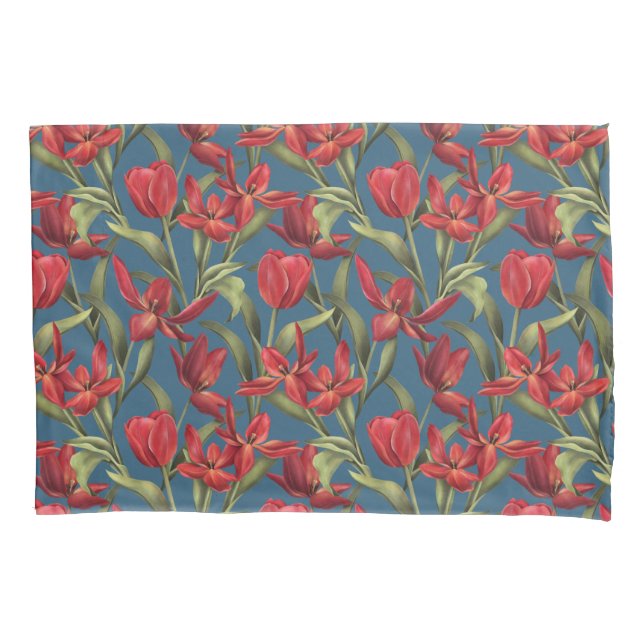 Housse D'oreillers Arrière - plan Turquoise de minuit avec tulipes ro (devant)