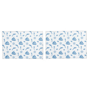 Housse D'oreillers Bateaux et dauphins Motif nautique Bleu blanc