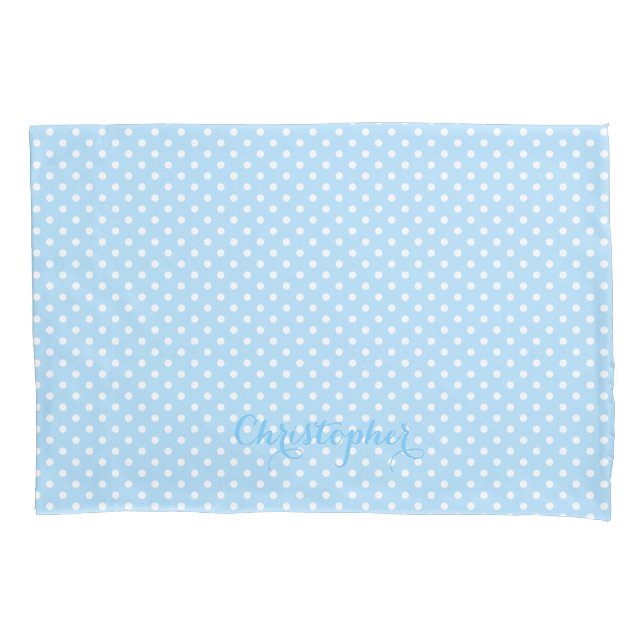 Housse D'oreillers Bébé Bleu Blanc Pois Motif Monogramme (devant)